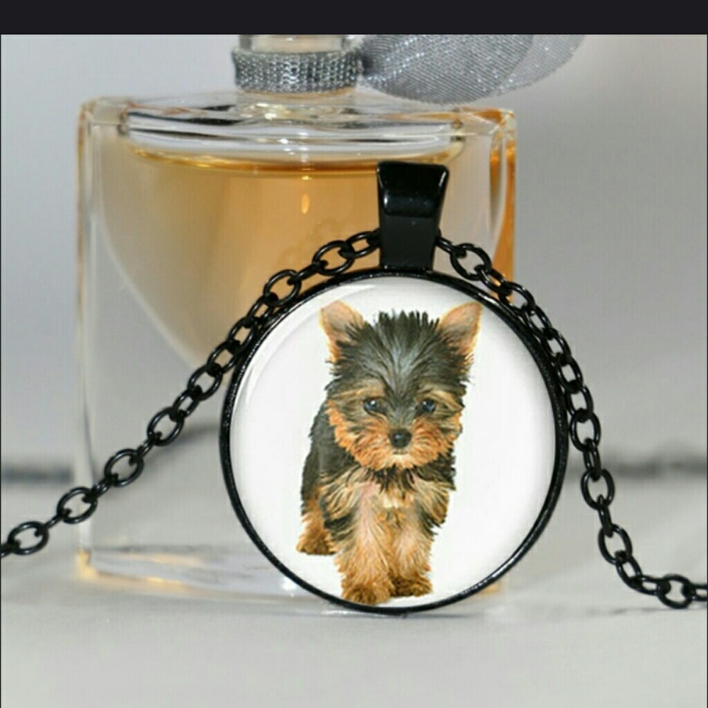 Yorkie glass Cabochon pendant with black 20" chain